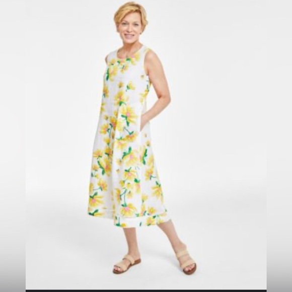 Charter ClubWomen's 100% Linen Floral-Print Sleeveless Midi Dress